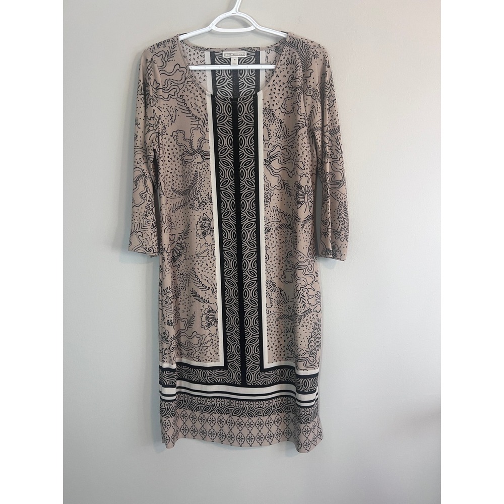 Dana Buchman Womens Tan Black Geometric Floral Sheath Dress 3/4 Sleeve Size M